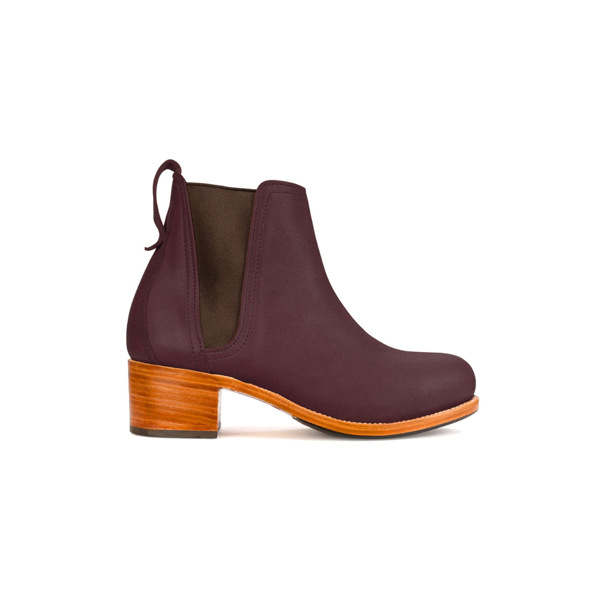 Women's 3E-wide purple leather heeled Chelsea boot, seen from the side. Handcrafted to order in Guatemala – The Catalina