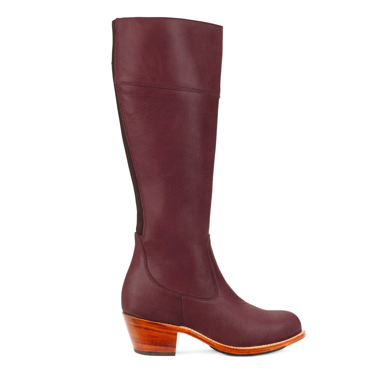 Burgundy women's knee high riding boot with stacked heel and wide calf fit, handcrafted to order by Adelante Made To Order