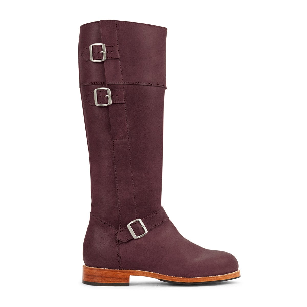 Adelante women's burgundy leather knee high riding boot with three buckles and wide calf options
