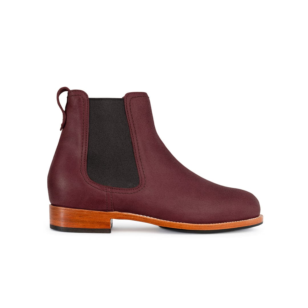 Burgundy women's Chelsea boot with elastic side panel and pull tab by Adelante Made-To-Order