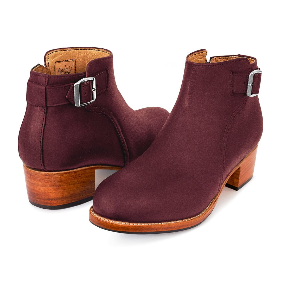 Burgundy women's buckle booties with block heels and side zippers from Adelante Made To Order