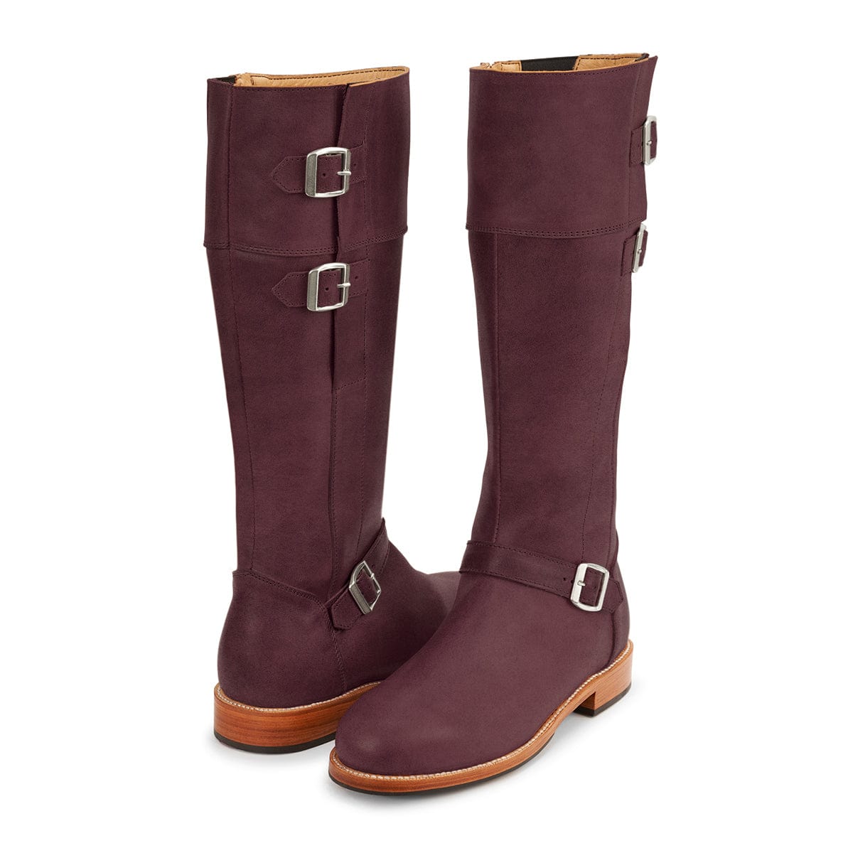 Adelante women's burgundy tall riding boots with wraparound buckle details, handcrafted leather construction, and wide calf fit