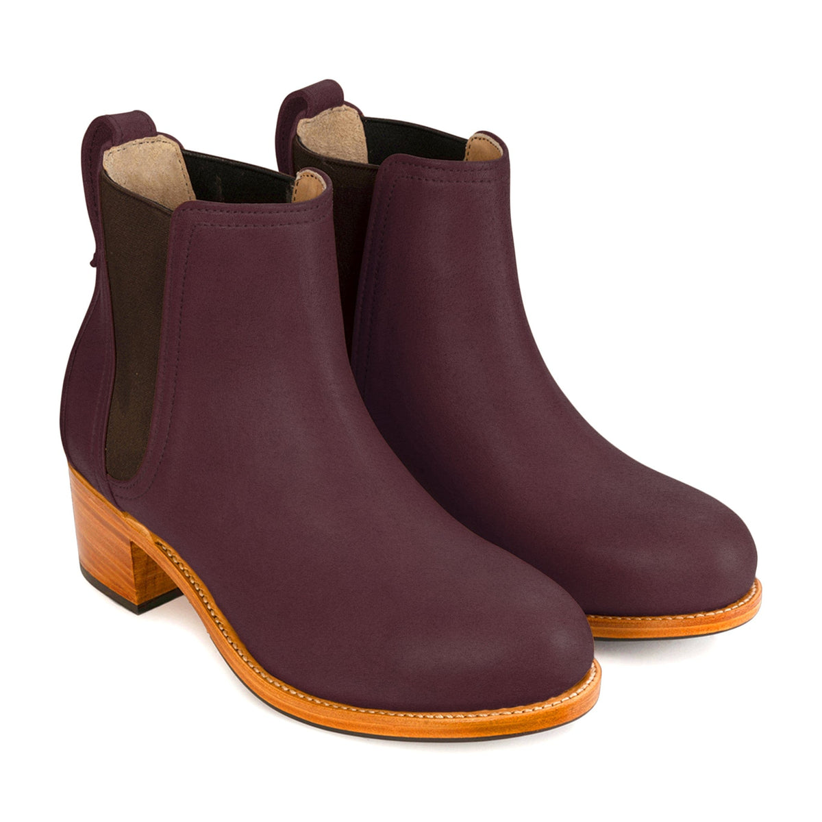 Women's wide purple leather heeled Chelsea boots, shown at an angle, available to order in size 6 – The Catalina
