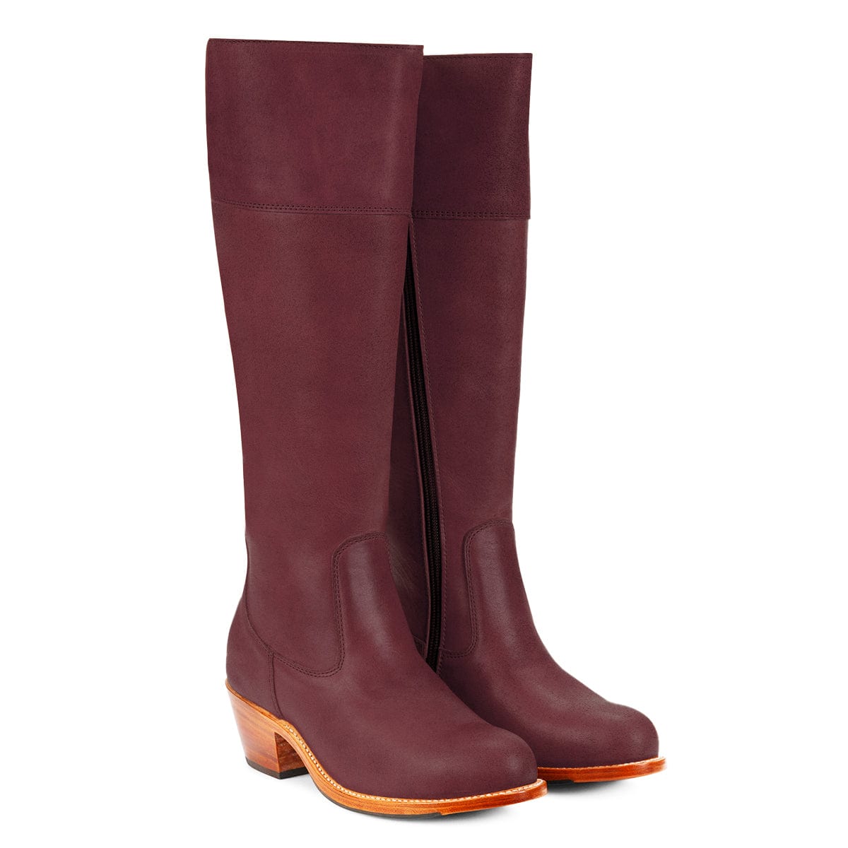 Burgundy women's tall riding boots with side zippers and stacked heels, handcrafted with custom wide calf fit by Adelante