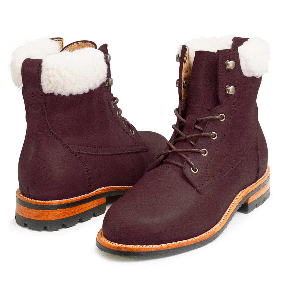 Women's 2E-wide shearling-lined purple leather winter boots, shown at an angle, also made for size 15 feet