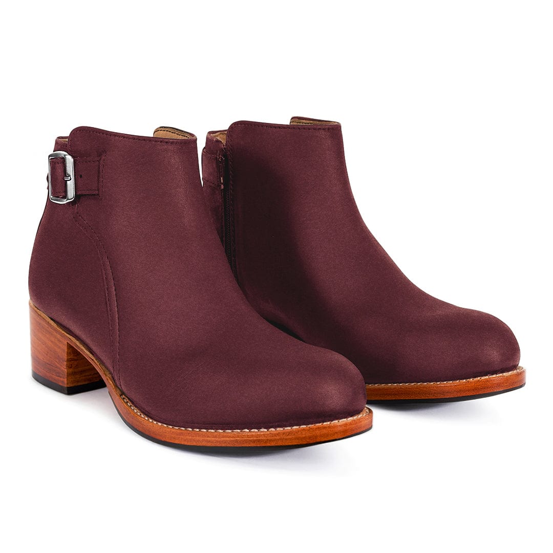 Adelante burgundy women's buckle booties with block heels and side zippers