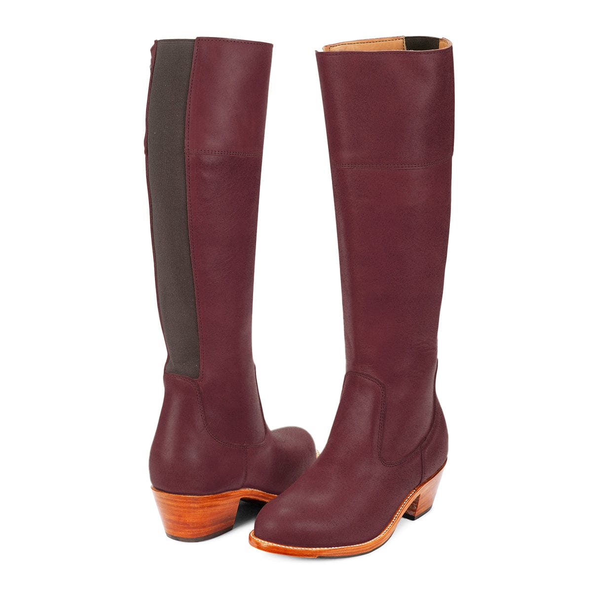 Burgundy knee high riding boots with custom calf widths, handcrafted for women