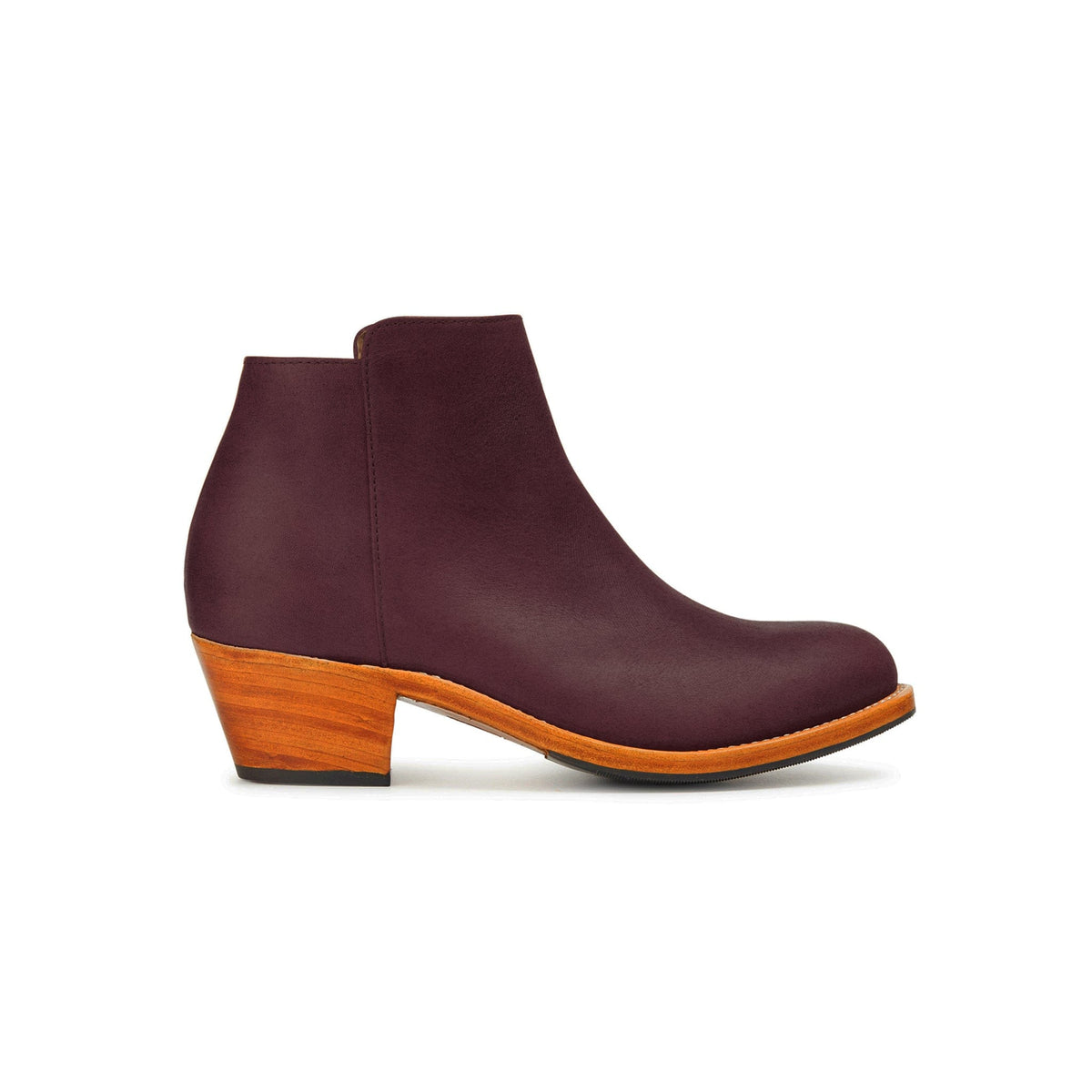 Burgundy leather women's ankle boot with a tapered wood heel from Adelante Made-To-Order
