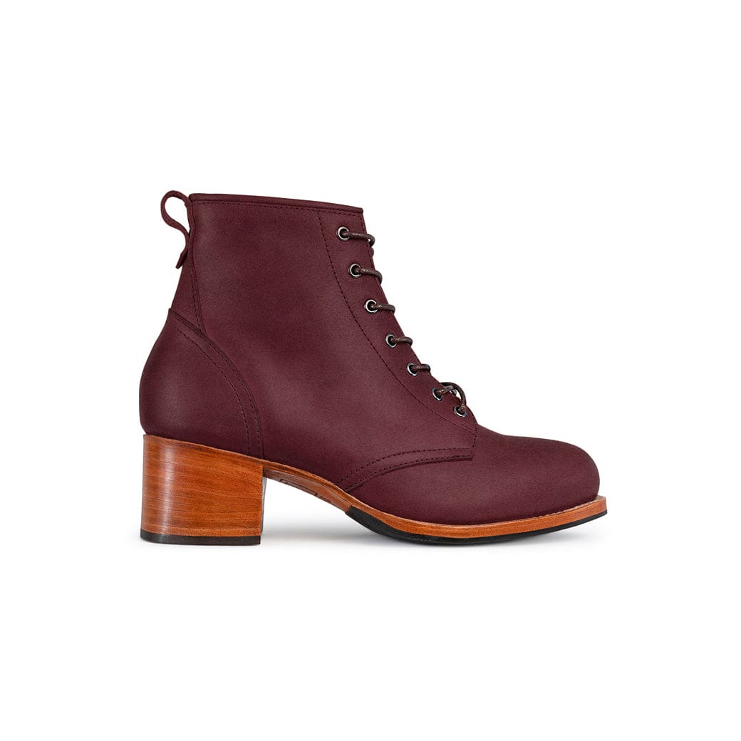 Adelante women's burgundy leather combat boot with lace-up front and 2-inch block heel