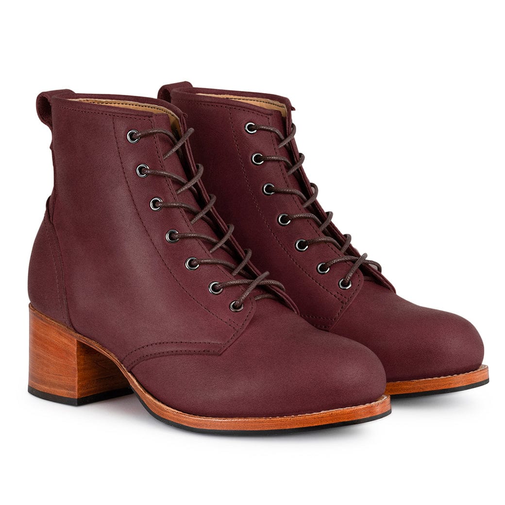 Burgundy women's lace-up combat boots with sturdy 2-inch block heels by Adelante Shoes