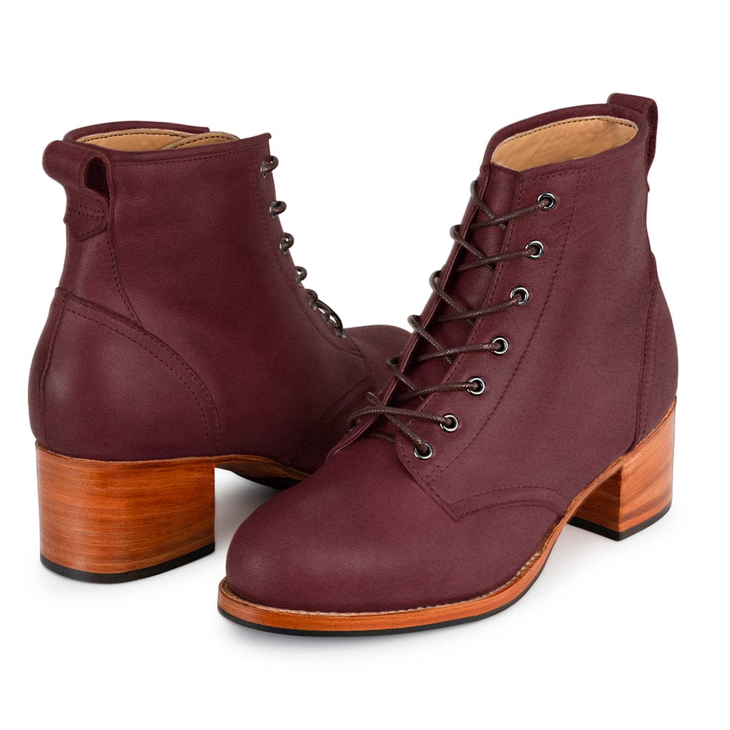 Adelante womens burgundy leather wide width combat boots with lace up fronts and two inch wood block heels