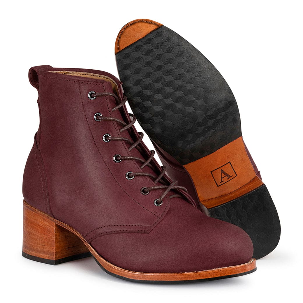 Burgundy womens lace up combat boot with a two inch block heel and textured sole by Adelante Made To Order