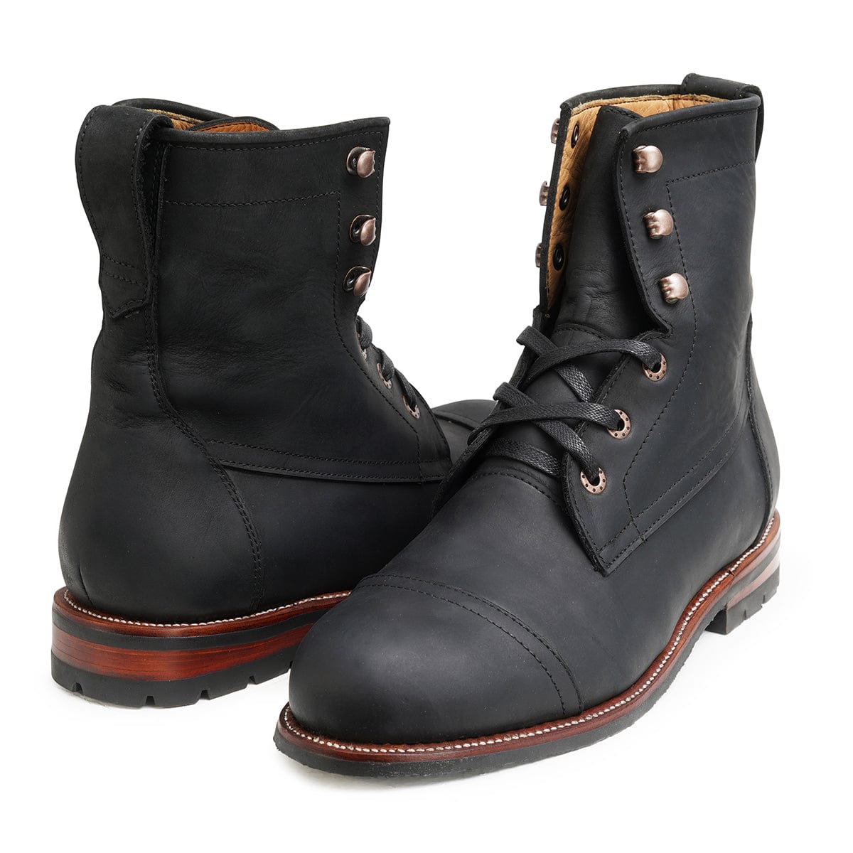 Men's wide black leather lug sole boots, shown at an angle, made to order in size 7.5 – The Rugged Havana