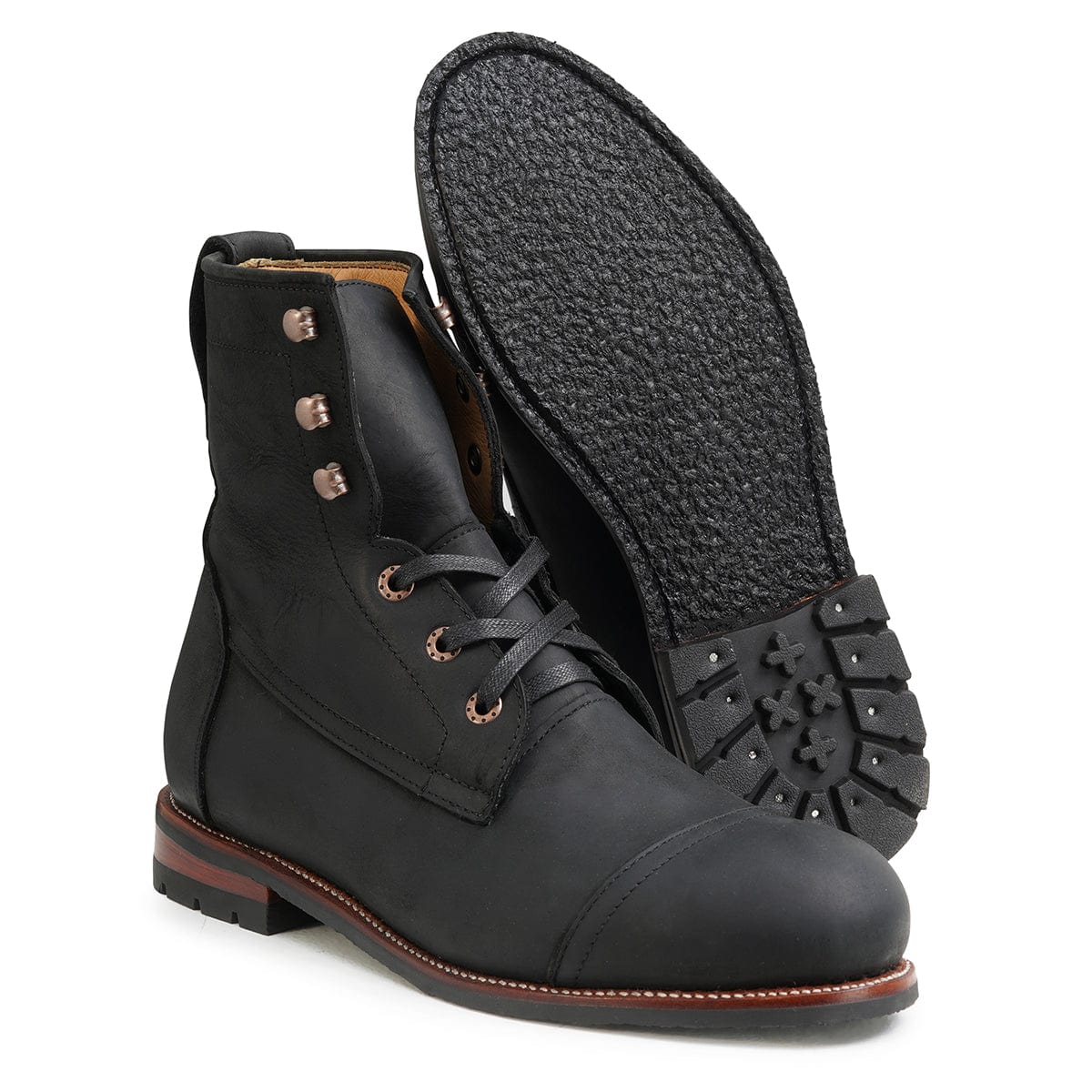 Men's 3E-wide black leather lug sole boot, showing the leather sole. For feet that are hard to fit – The Rugged Havana