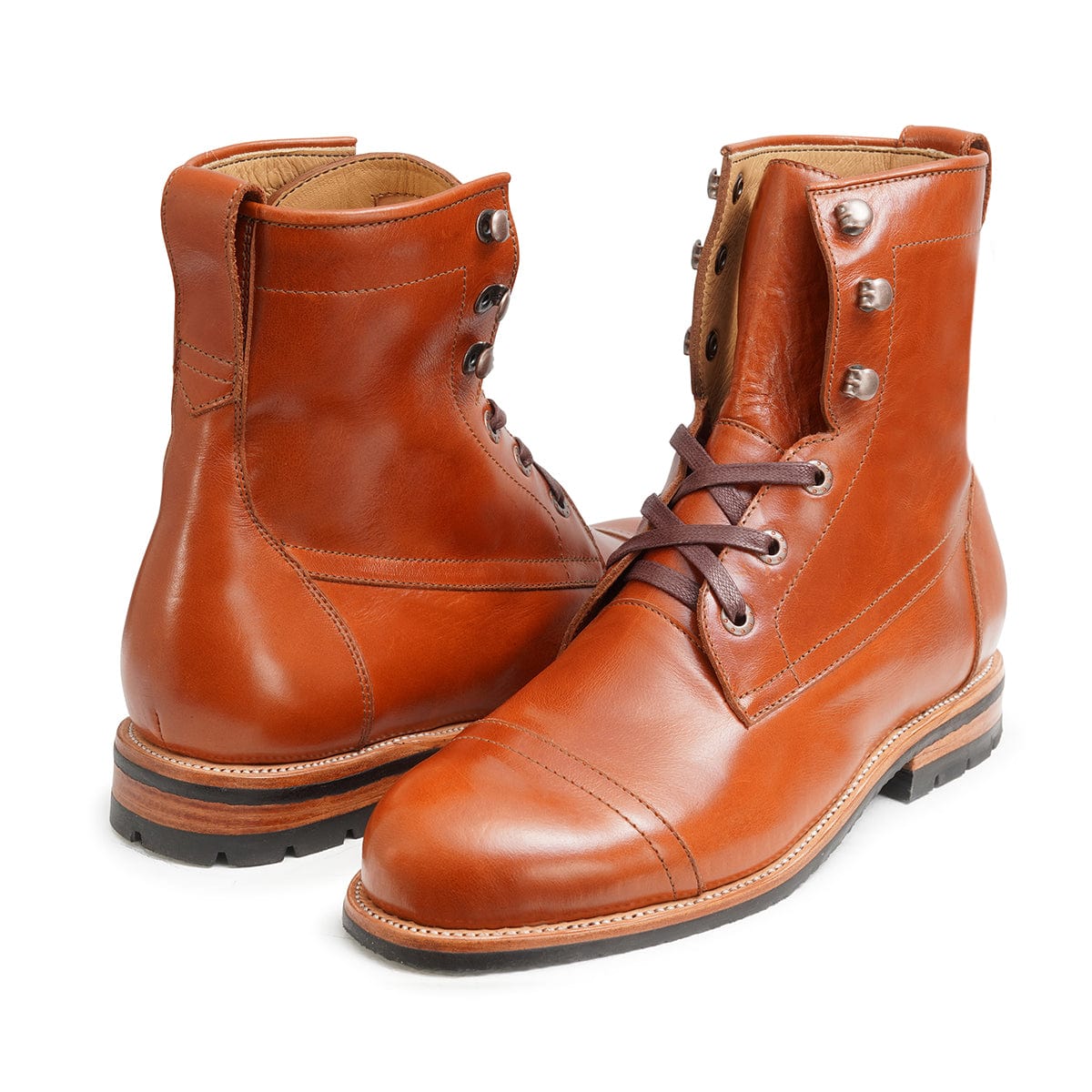 Men's 2E-wide reddish brown leather lug sole boots, shown at an angle, built to order, even in size 4