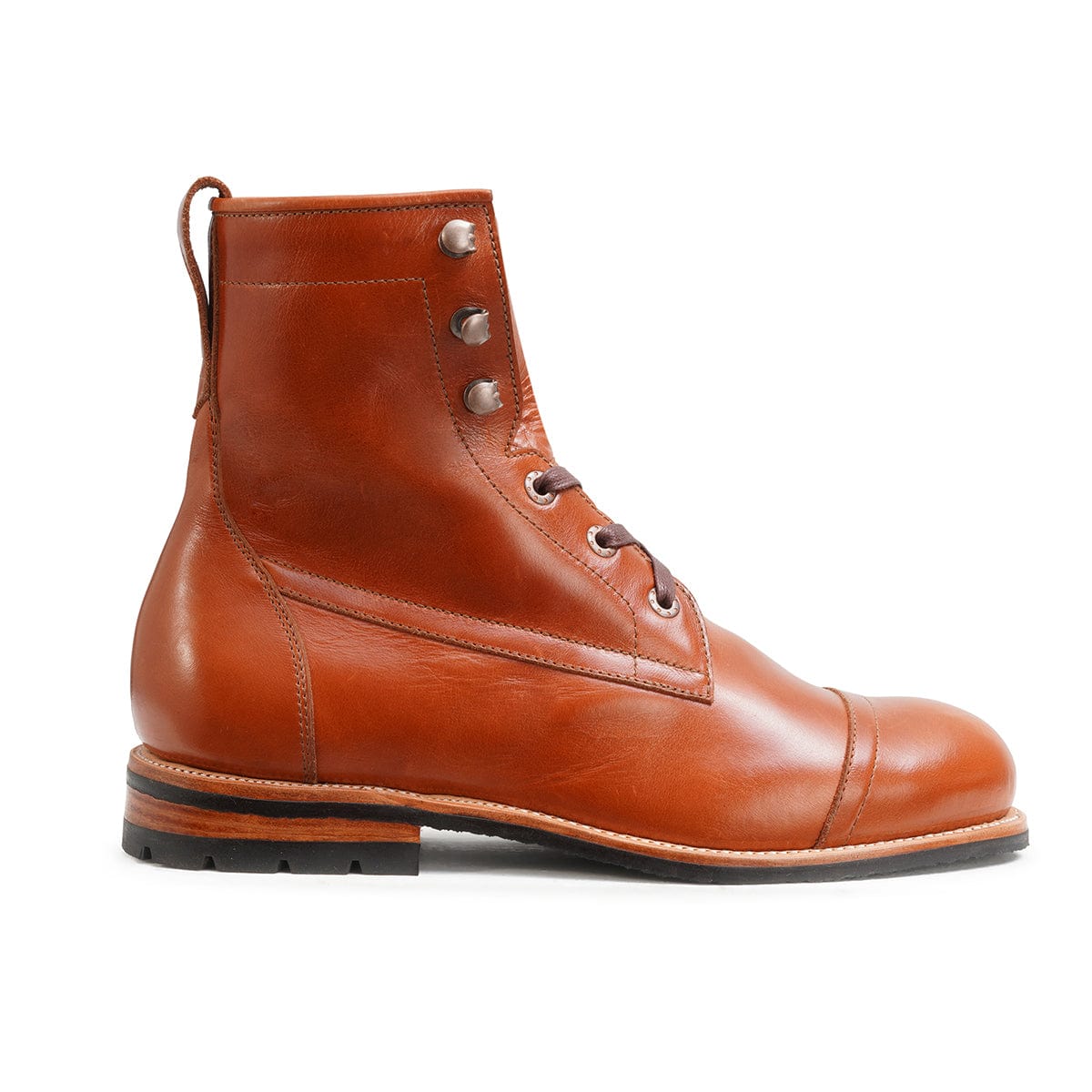 Men's EEEEE extra-wide reddish brown leather lug sole boot, seen from the side. Crafted for wide and narrow feet