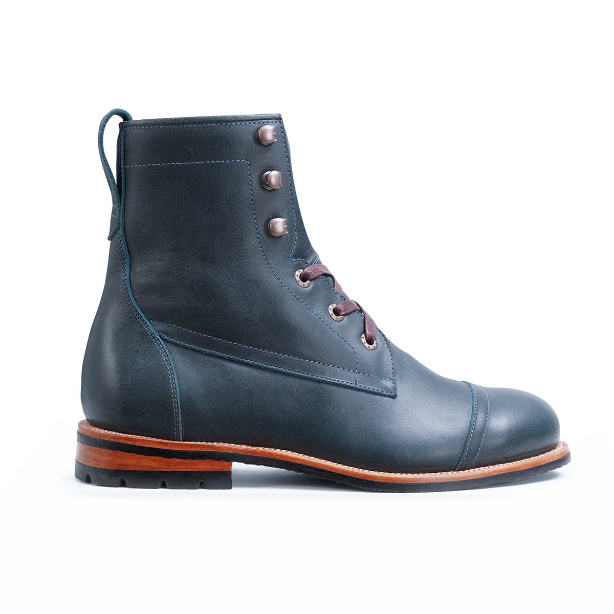 Men's EEE wide blue leather lug sole boot, shown in side profile, handcrafted to fit size 15 – The Rugged Havana