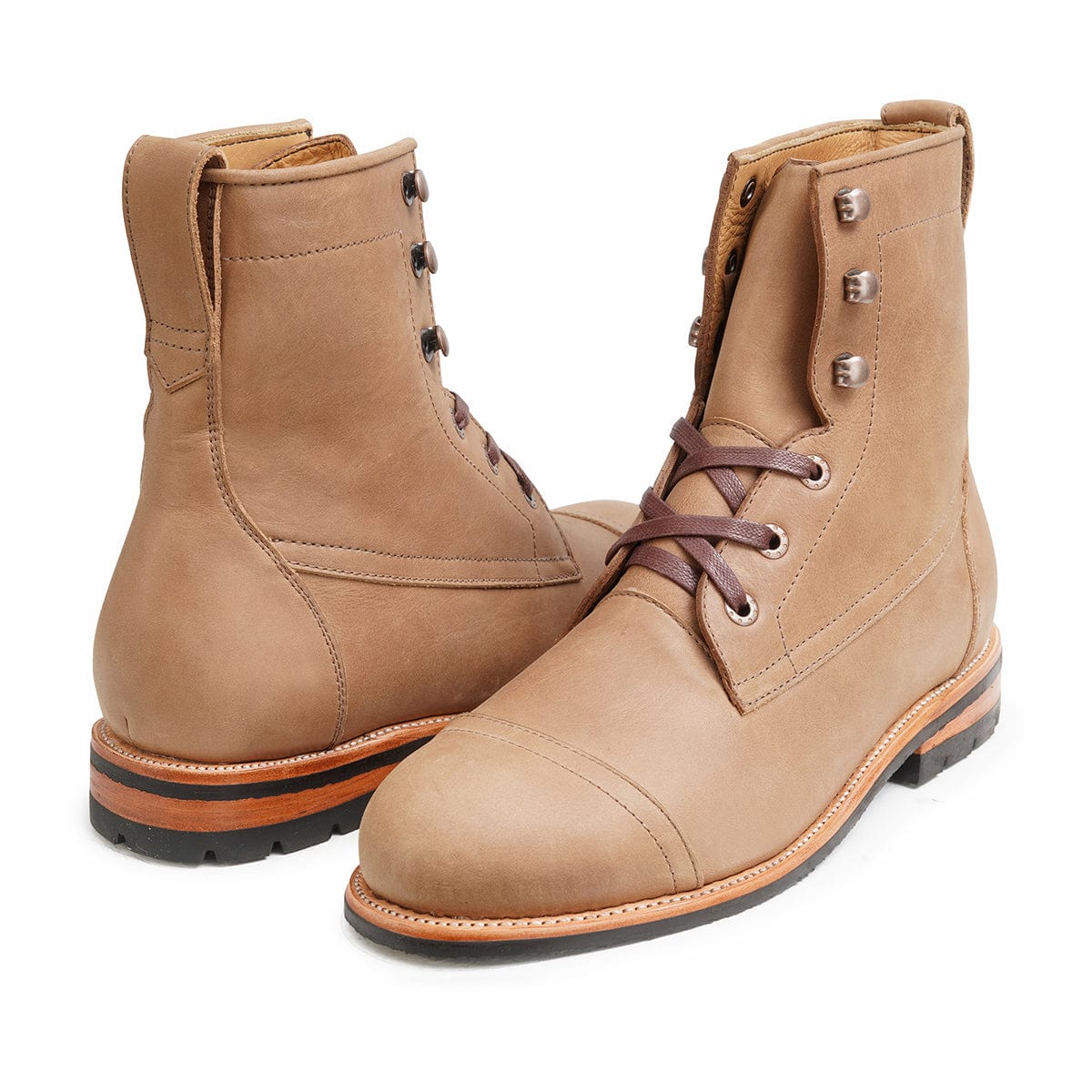 Men's 4E-wide tan leather lug sole boots, shown from the front at an angle. Handcrafted to order in Guatemala – The Rugged Havana