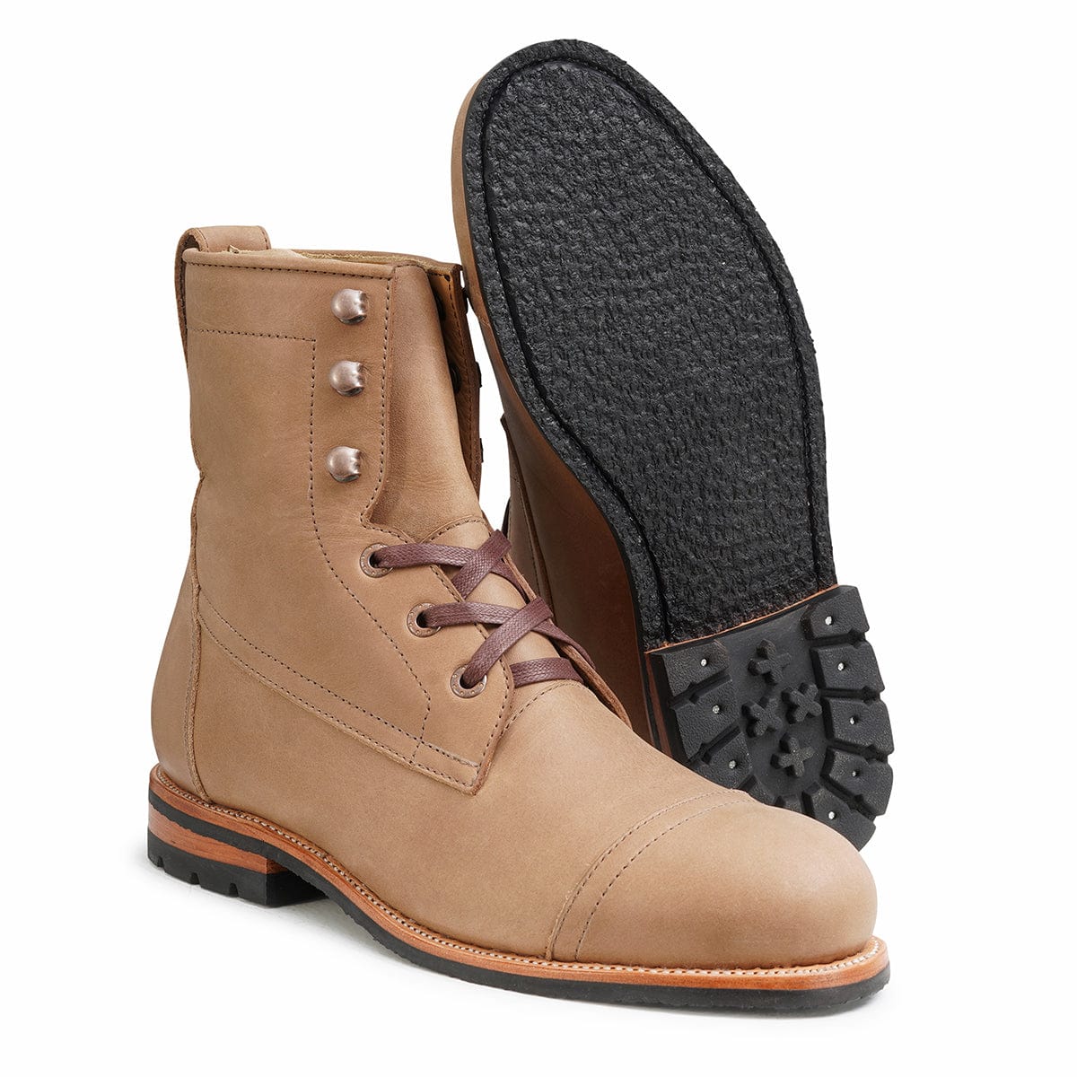 Men's EEEEE extra-wide tan leather lug sole boot, with the sole turned up, available to order in size 14.5 – The Rugged Havana