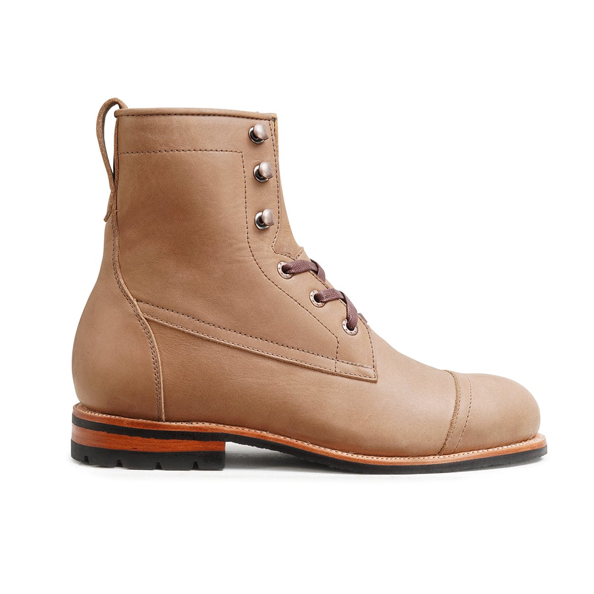 Side view of a men's extra-wide tan leather lug sole boot, can be made in size 17 – The Rugged Havana