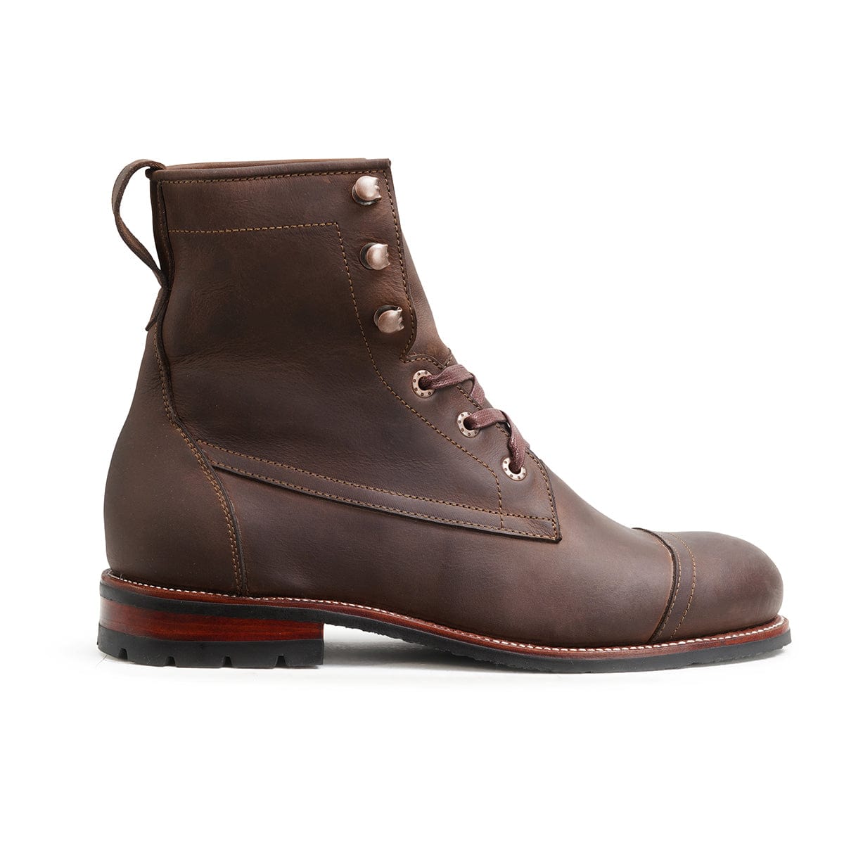 Men's 3E-wide dark brown leather lug sole boot, shown in side profile, made to order in size 12 – The Rugged Havana