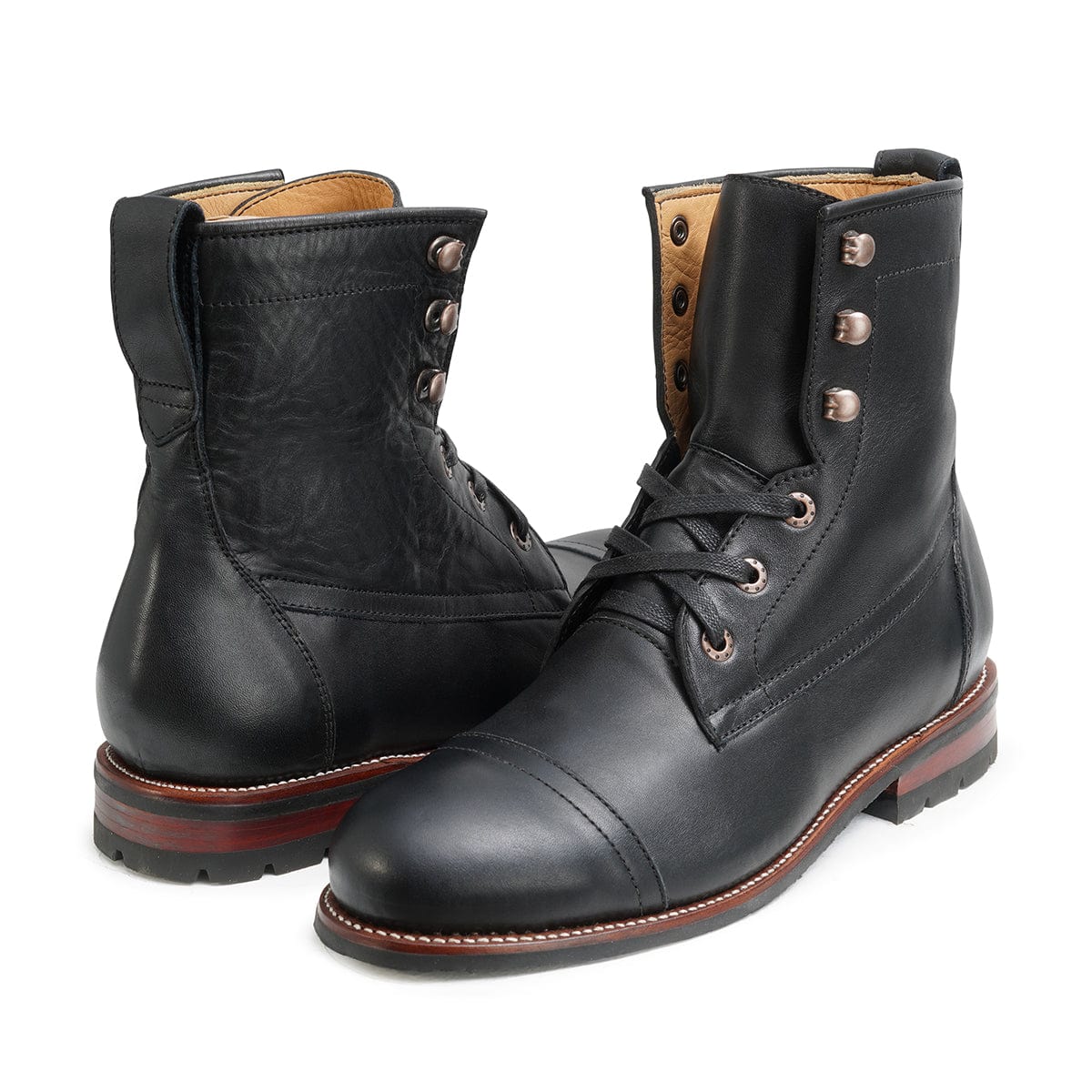 Men's wide black leather lug sole boots, shown at an angle, a size 14 is no problem – The Rugged Havana