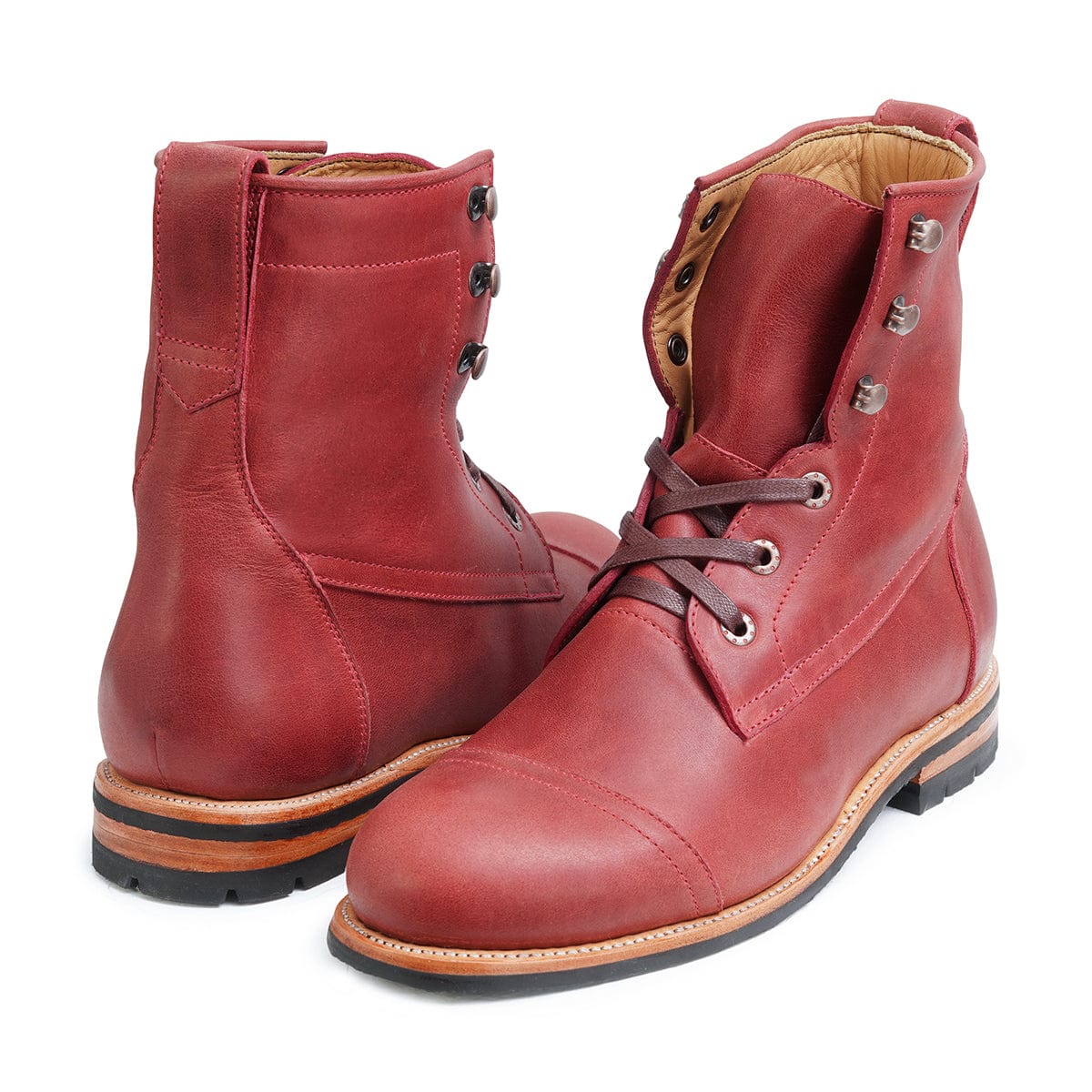 Men's 5E extra-wide red leather lug sole boots, shown at an angle, also made for size 6 feet – The Rugged Havana