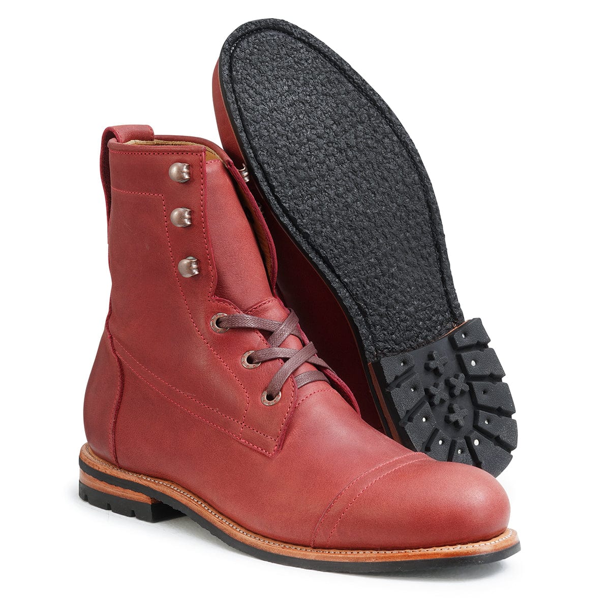 Men's wide red leather lug sole boot, showing the leather sole. Custom sizing on request – The Rugged Havana