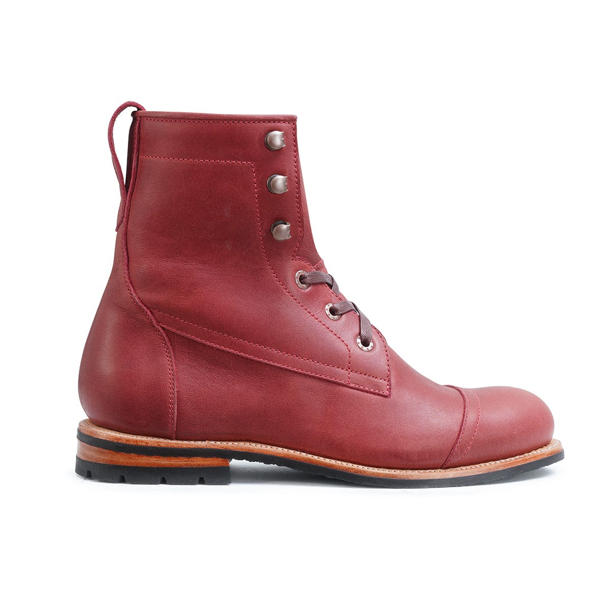 Men's 2E-wide red leather lug sole boot, seen from the side, made to order for hard-to-fit feet – The Rugged Havana