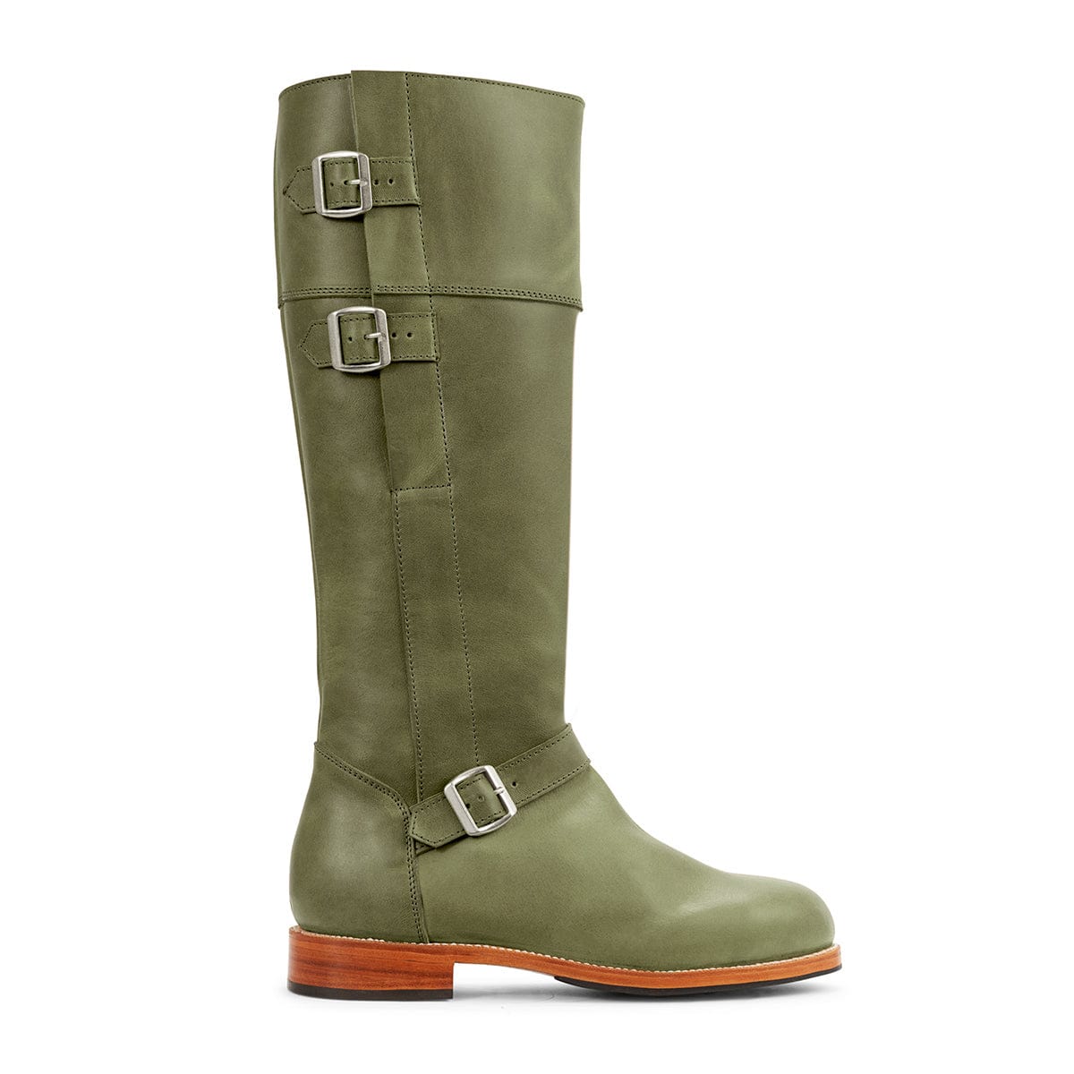 Olive green womens knee high riding boot with wraparound buckles wide calf fit and handcrafted leather construction by Adelante Made To Order