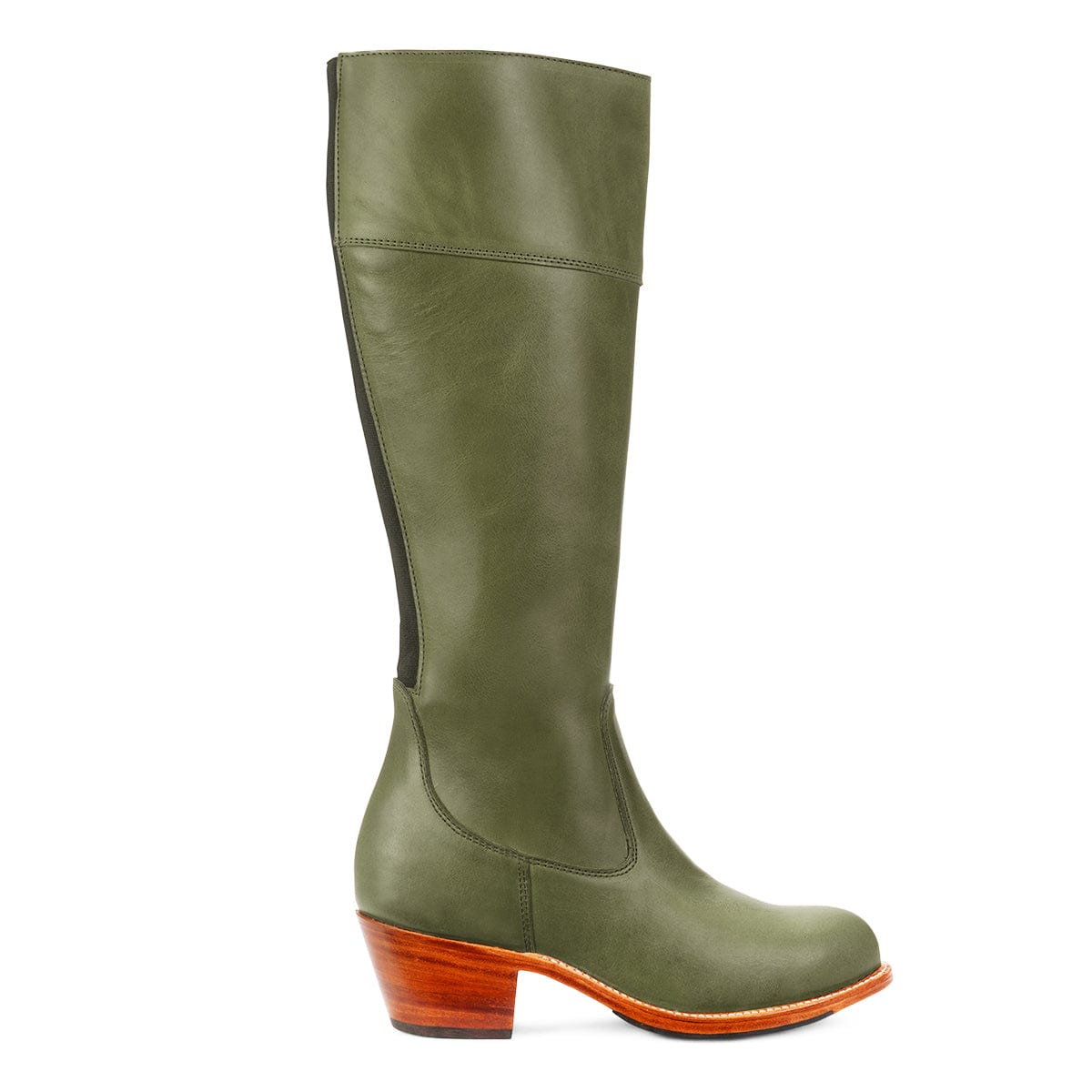 Olive green womens tall riding boot with wide calf options and a stacked wooden heel by Adelante