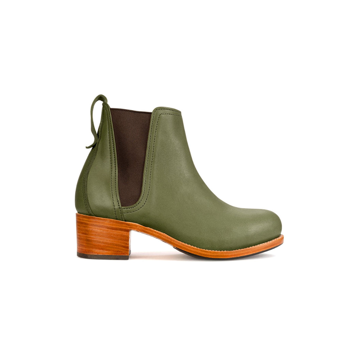 Side view of a women's EE wide green leather heeled Chelsea boot, a size 14 is no problem – The Catalina