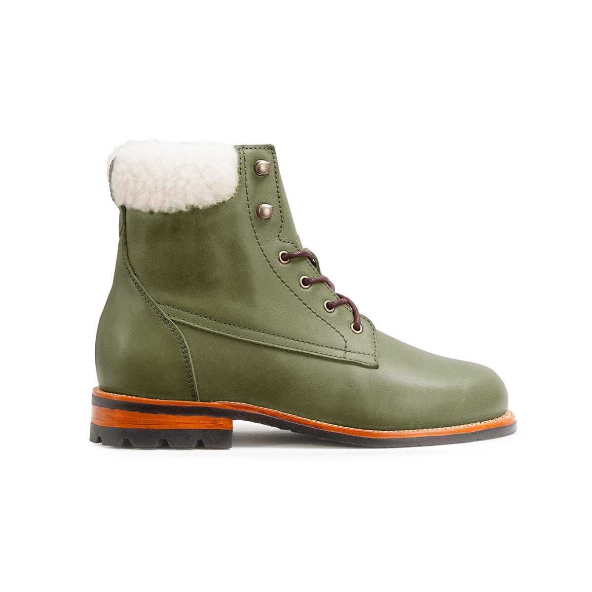 Women's EEE wide shearling-lined green leather winter boot, seen from the side. Handcrafted to order in Guatemala