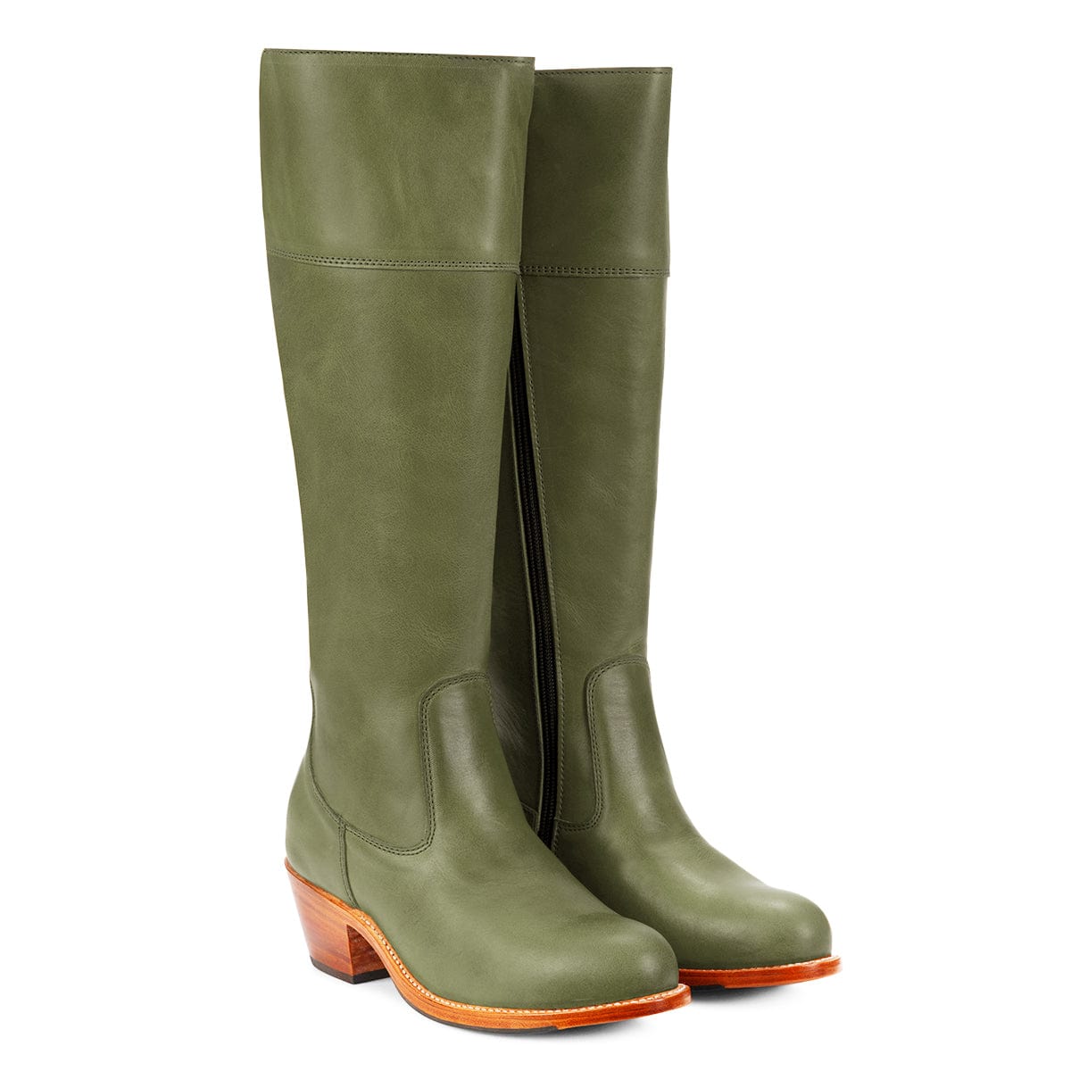 Olive green womens knee high riding boots with zip closure and stacked heels, handcrafted by Adelante in wide calf widths