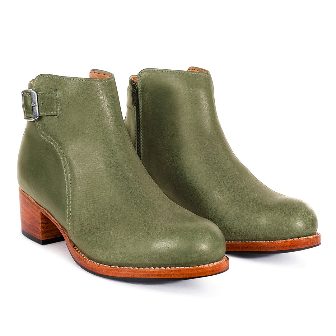 Women's olive green buckle booties with block heels and side zippers, available in wide widths from Adelante Shoes