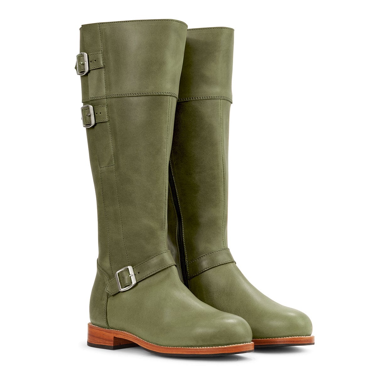 Olive green women's knee-high riding boots with three buckle straps, leather construction, and wide calf fit by Adelante Made-To-Order