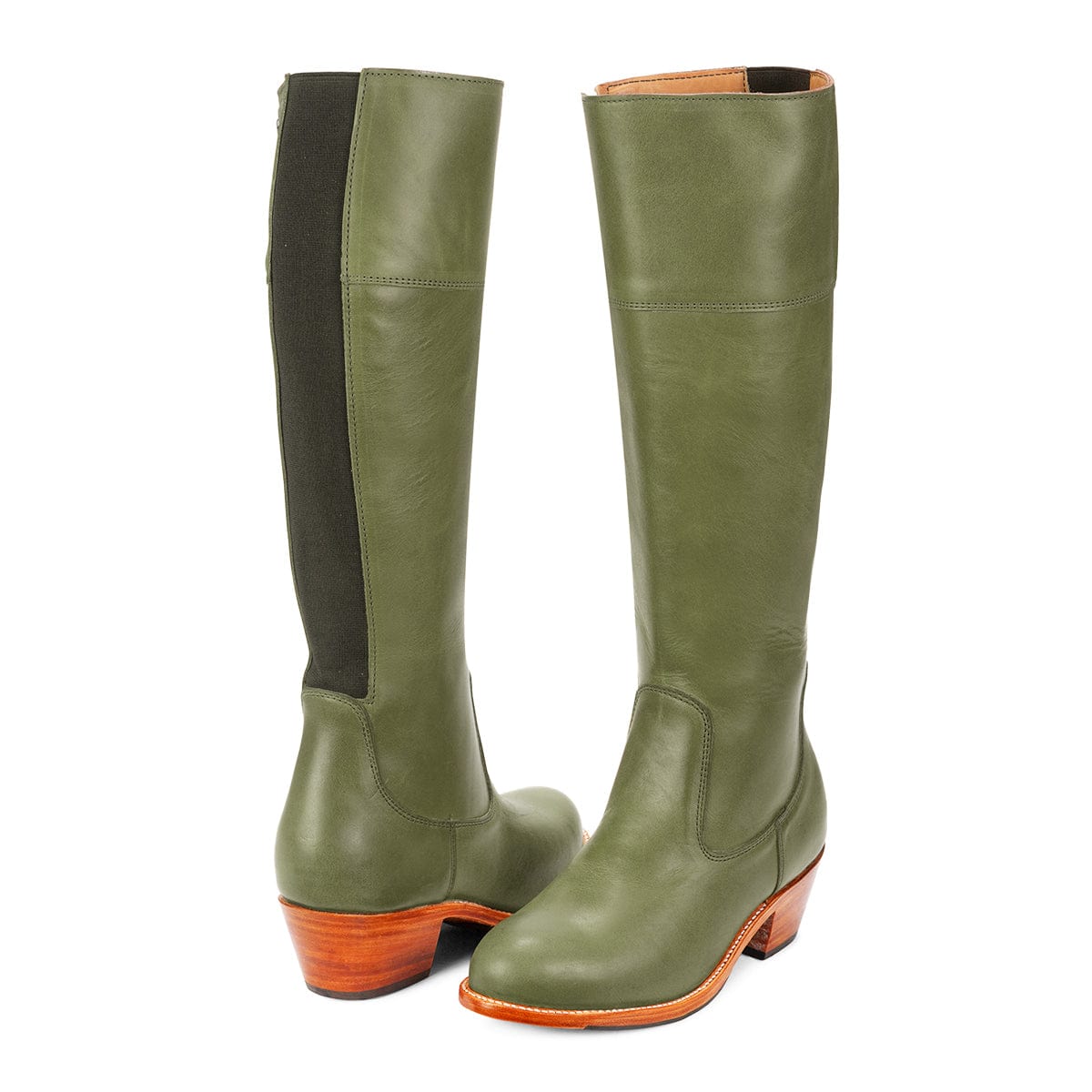 Olive green women's knee high riding boots with stacked heels, handcrafted by Adelante and available in wide calf widths