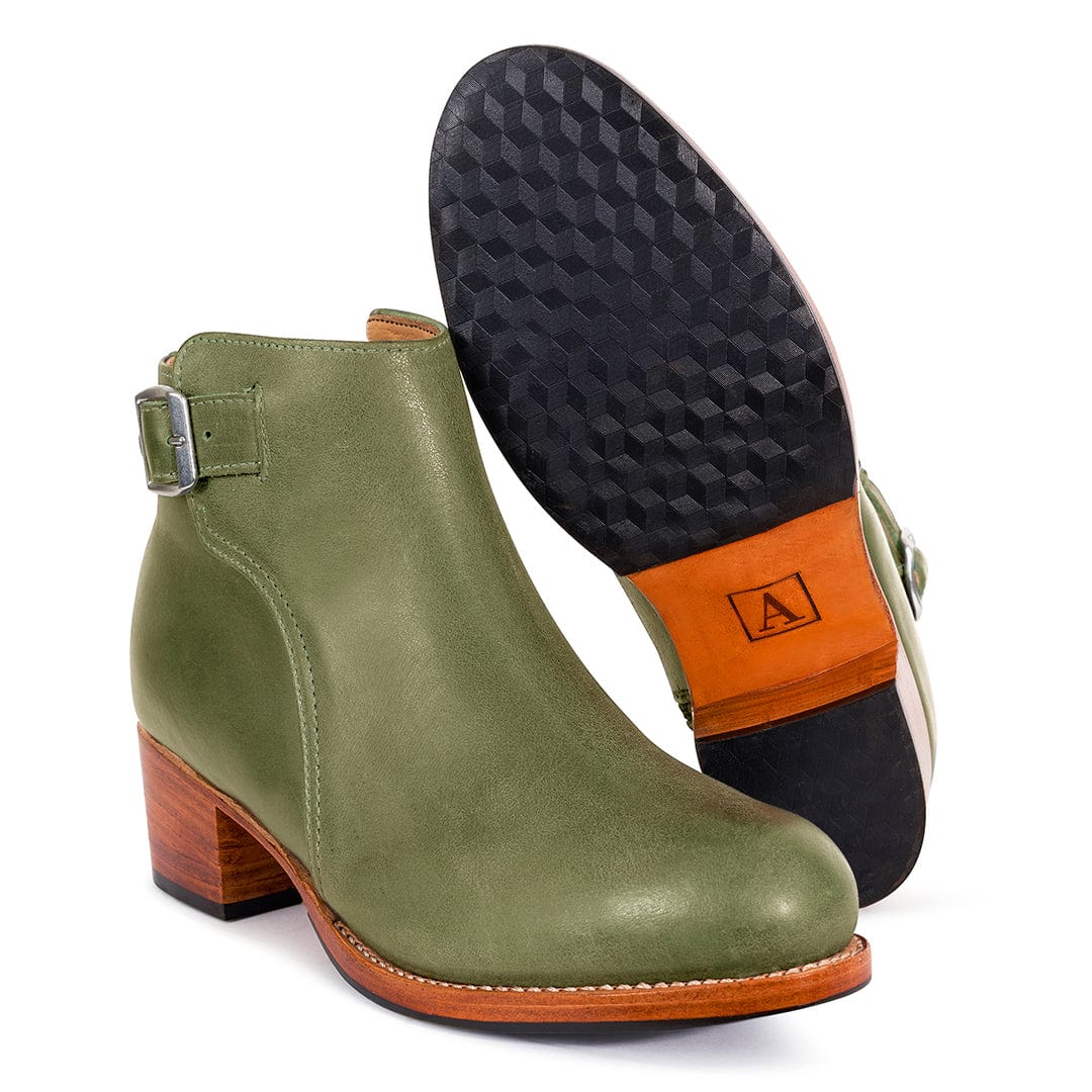 Adelante womens olive green buckle bootie with adjustable strap block heel and textured rubber sole