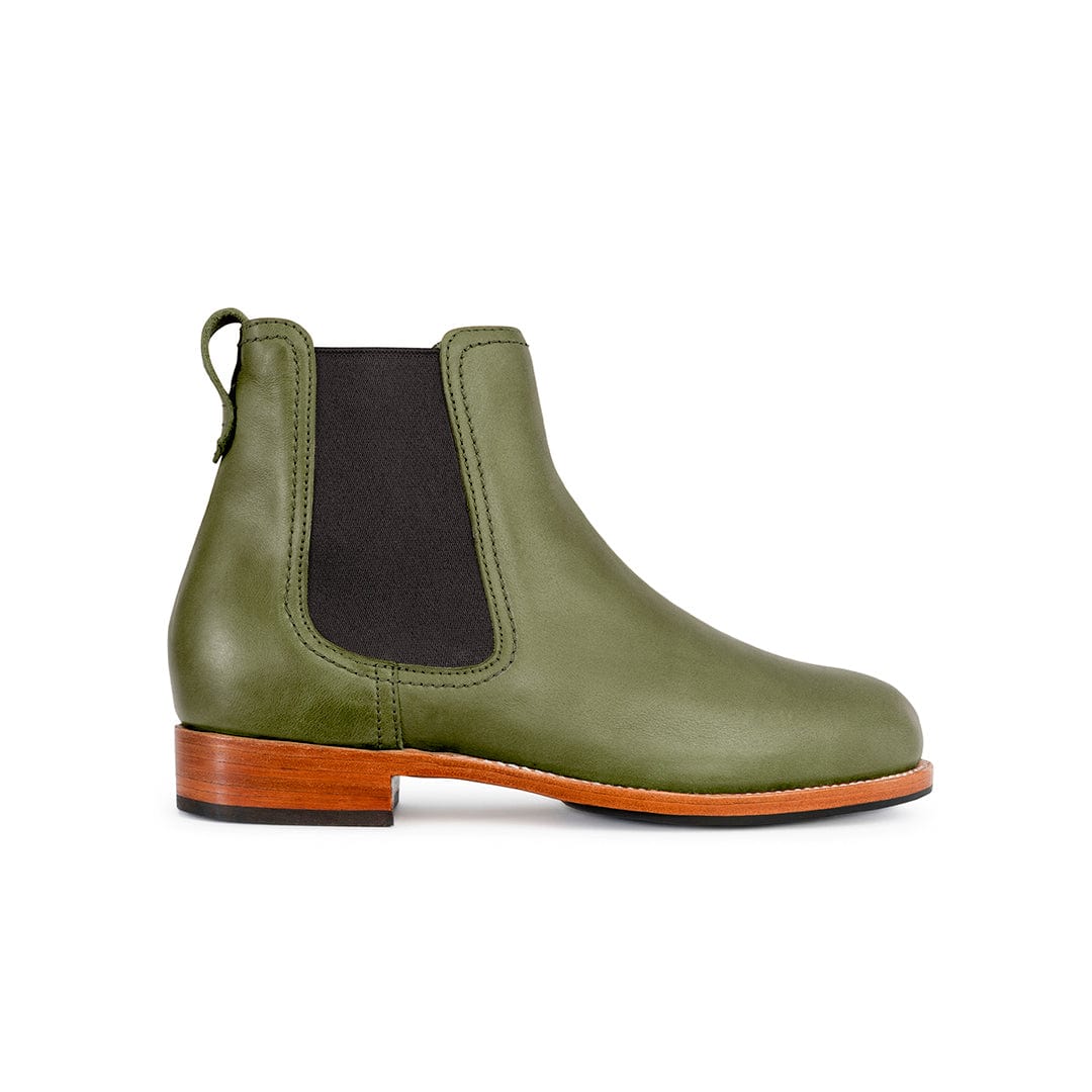 Olive green women's Chelsea boot with black elastic side panels and a stacked brown heel, available in wide widths from Adelante Made To Order