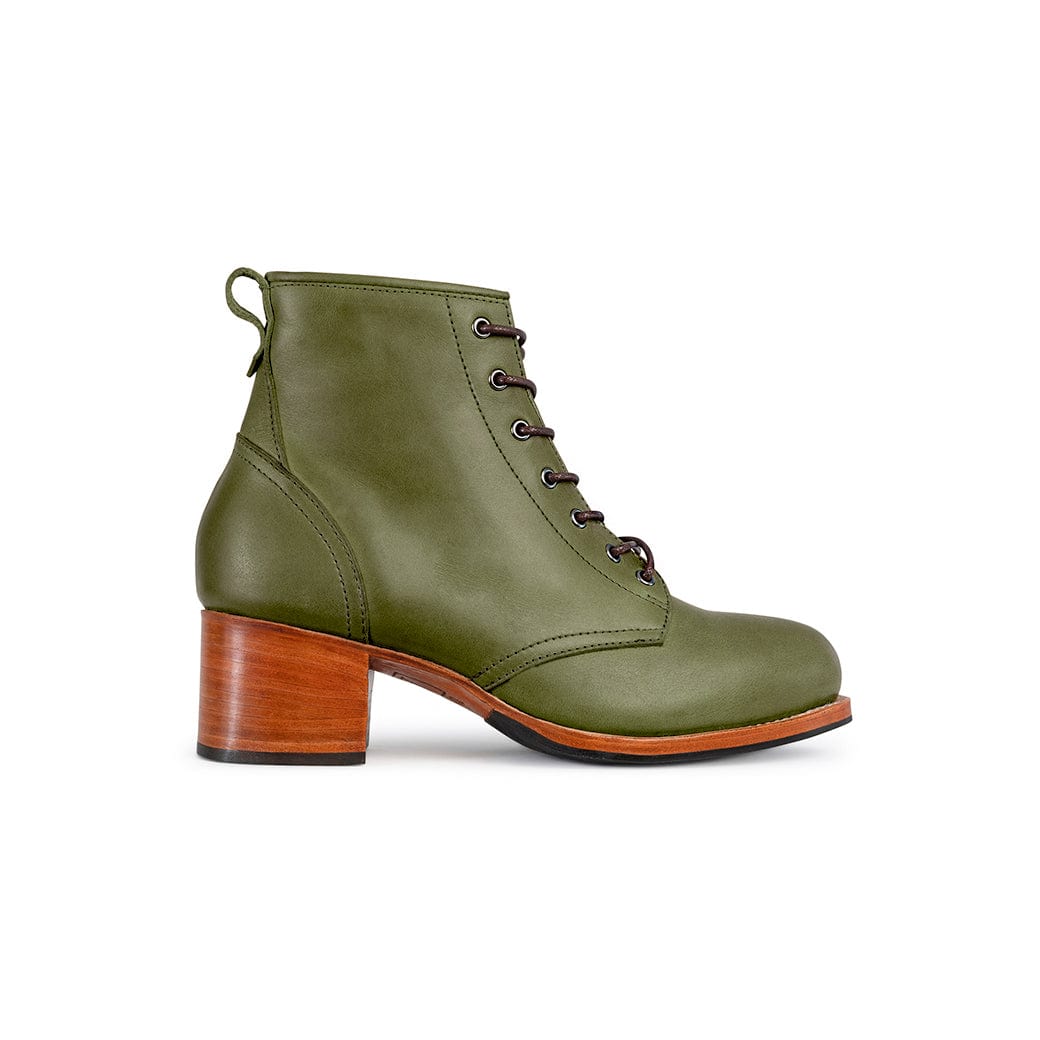 Olive green women's lace up combat boot with a wood tone block heel by Adelante Made To Order