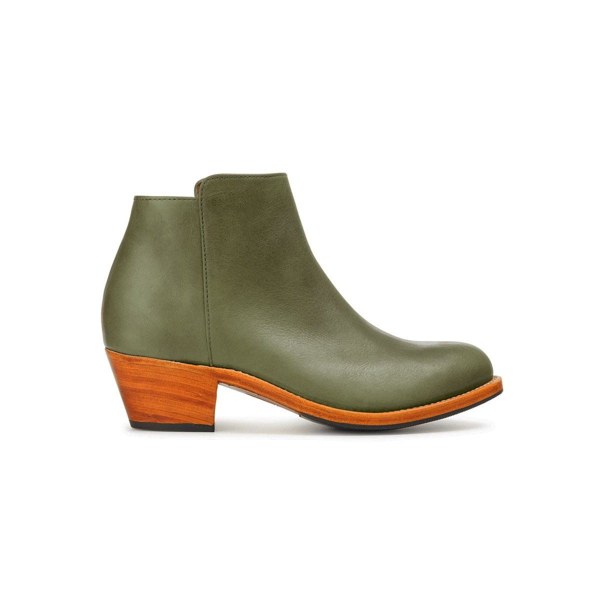 Olive green leather women's ankle boot with a tapered wood heel and sleek rounded toe