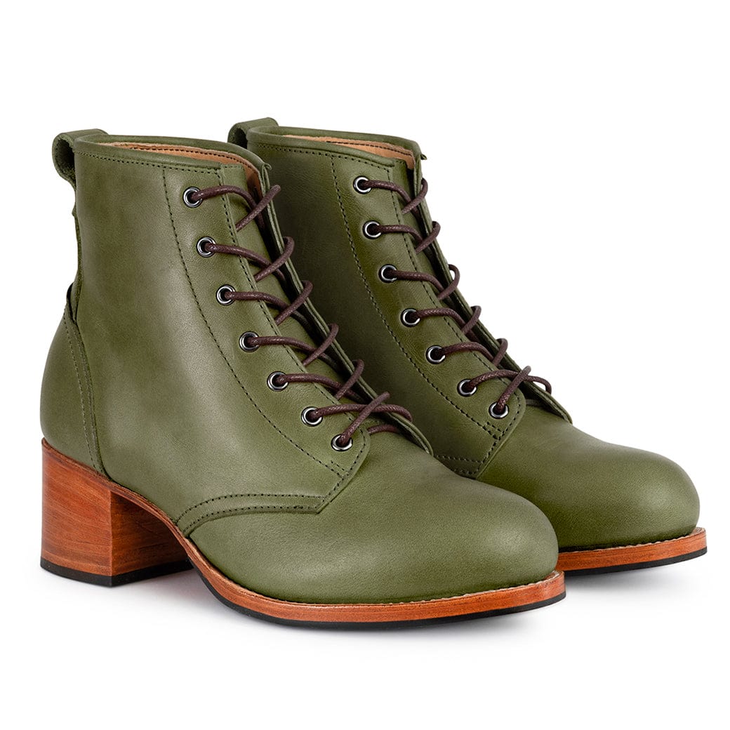 Olive green Elena womens lace up combat boots with 2 inch block heels by Adelante Made To Order