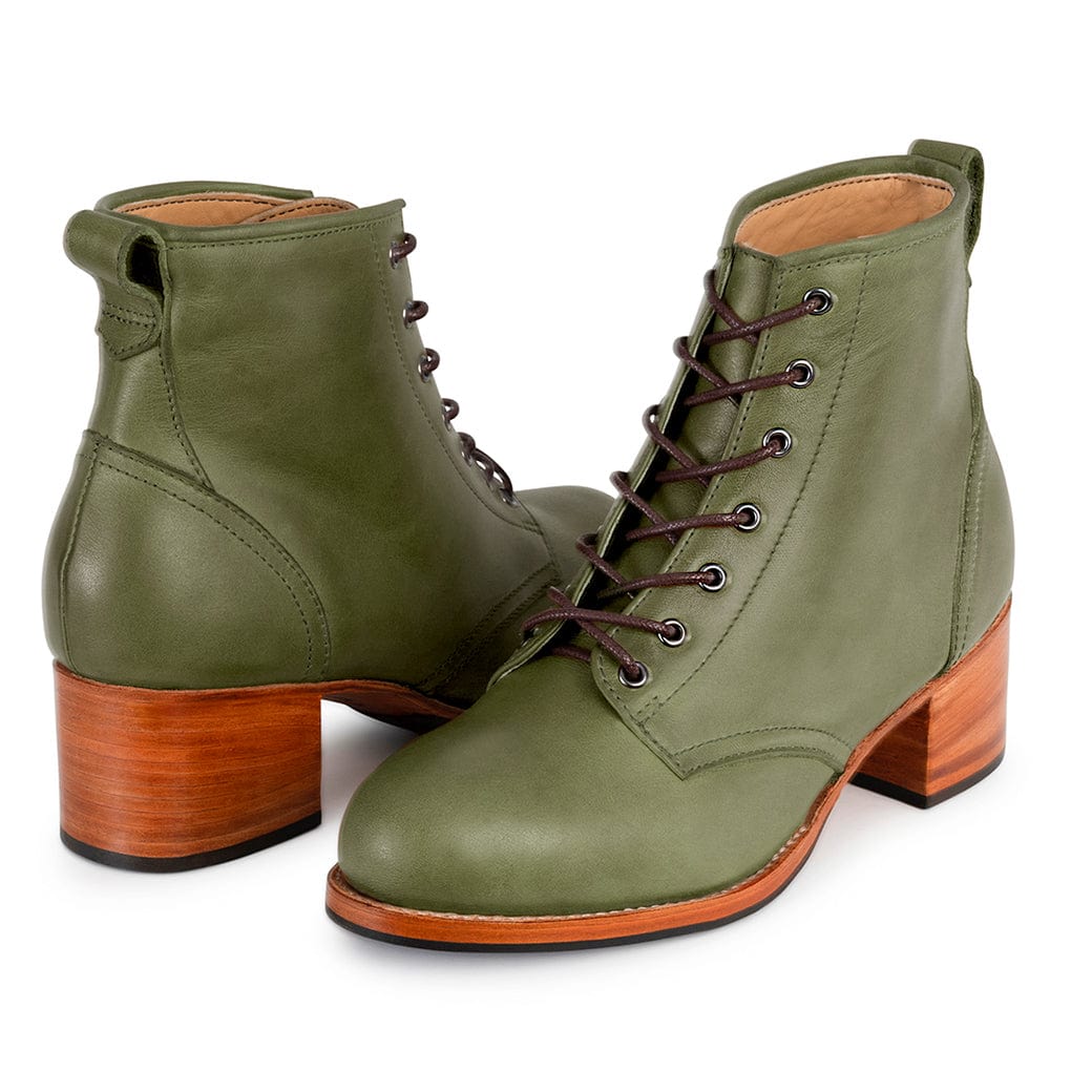 Adelante womens green leather lace up combat boots with two inch block heels handcrafted and available in wide widths