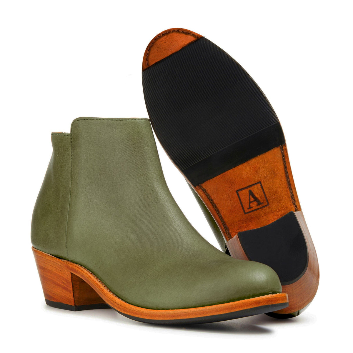 Olive green leather ankle boot with tapered wood heel and contrasting sole by Adelante Made To Order for women