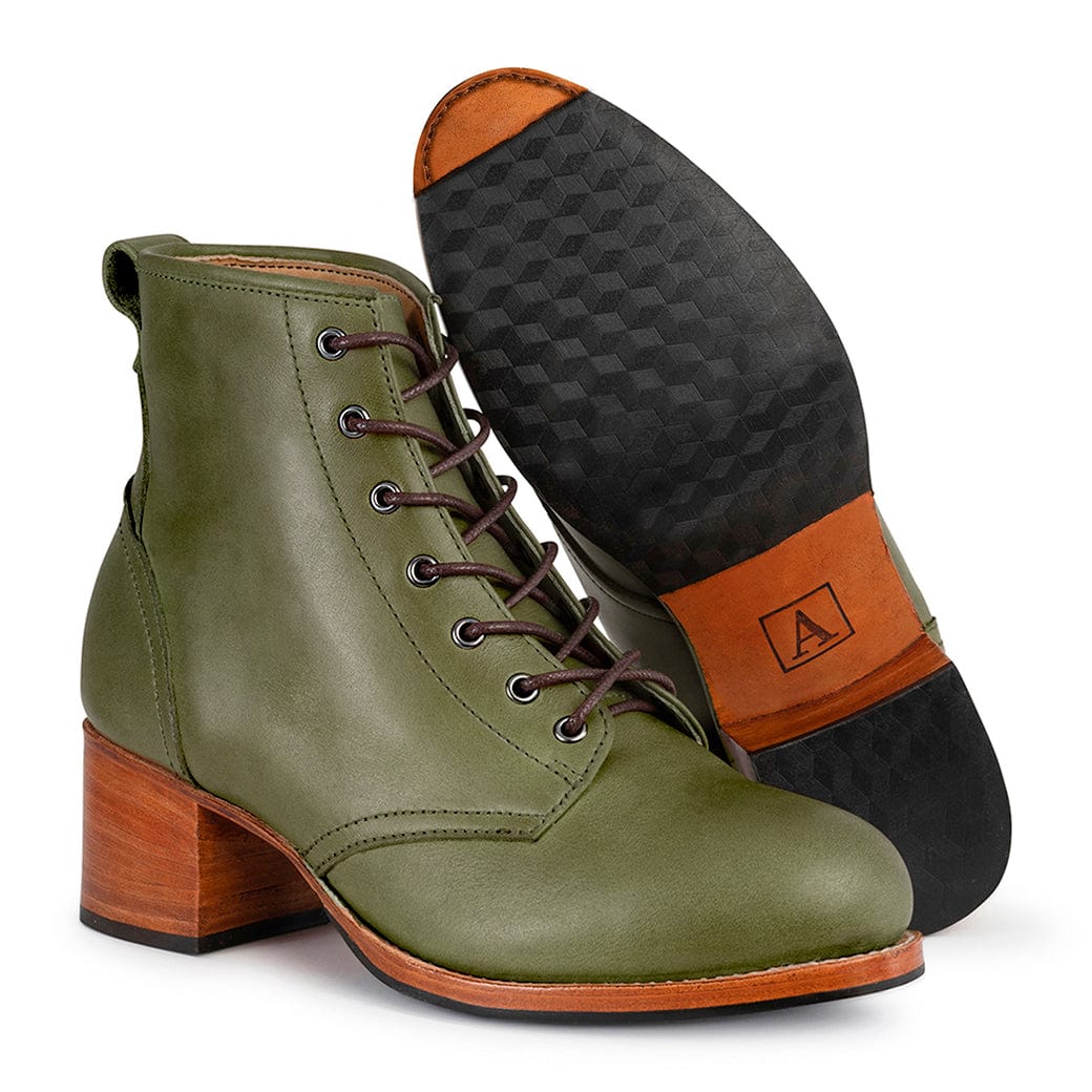 Olive green womens wide combat boots with burgundy laces, block heels, and patterned soles by Adelante Shoes