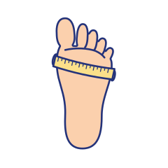 Bottom view of a foot with a soft tape measure wrapped around the ball of the foot, at a slight angle, just below the toes