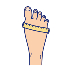 Top view of a foot with a soft tape measure wrapped around the ball of the foot, just below the toes