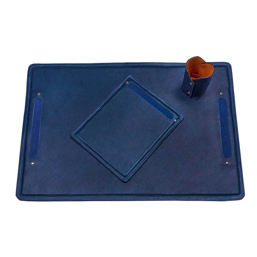 Blue leather desk set with large desk mat matching mouse pad and pencil cup handcrafted by Guatemalan artisans