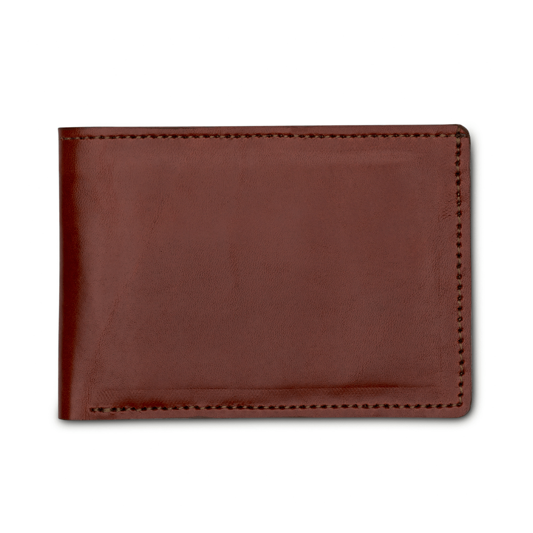 Reddish brown leather bi-fold wallet, closed, handcrafted to order in Guatemala