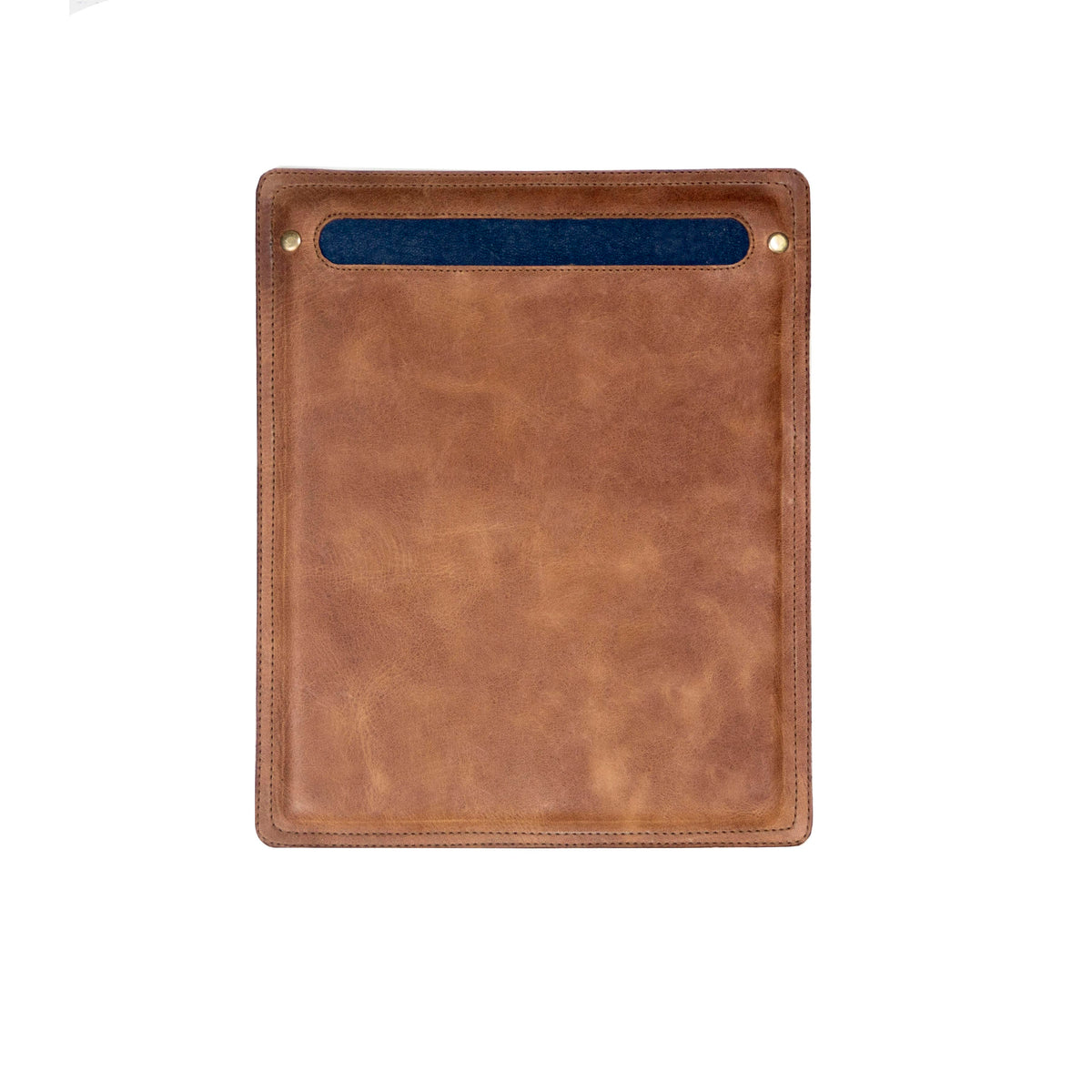 Brown leather desk mat with blue pen slot and stitched border for a refined workspace setup